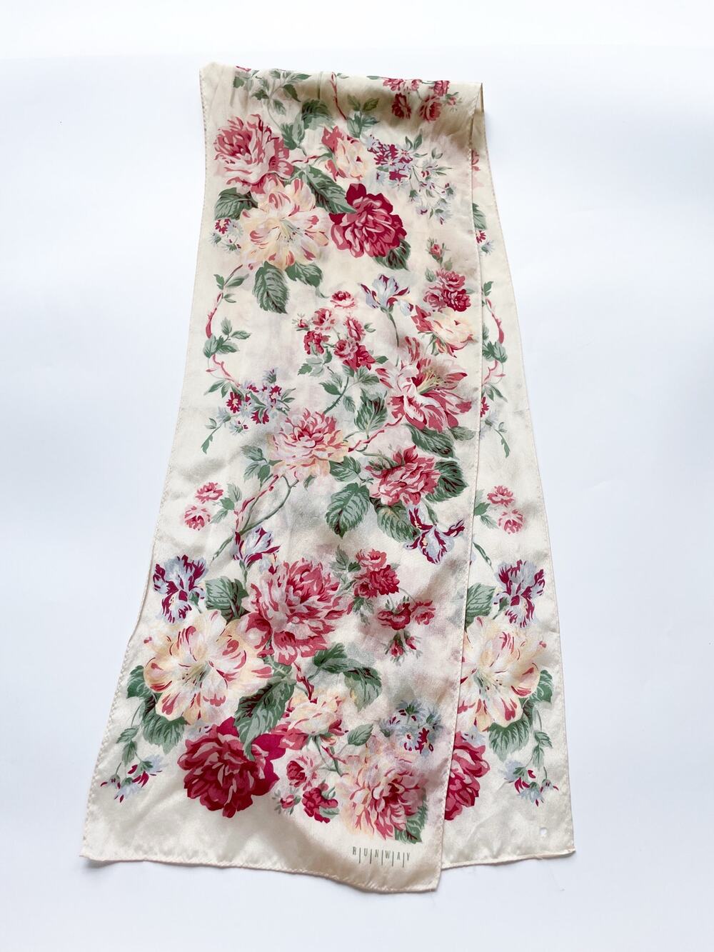 Vintage Runway Cream and Pink English Roses Floral Silk Scarf Made in Japan